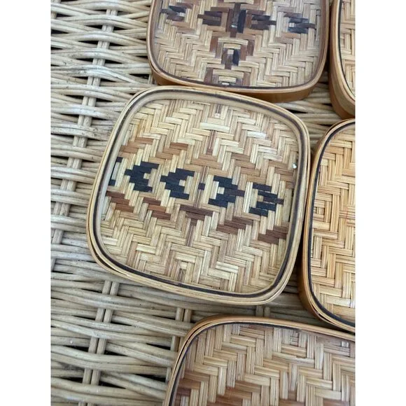 Vintage 70s Wicker Rattan Set of 5 coasters Barware Retro Boho - Picture 6 of 12